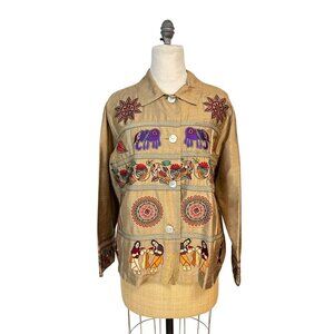 Vintage Chicos Size 2 Large Hand-Embroidered Silk Jacket W/ Colorful Folk Art Pa